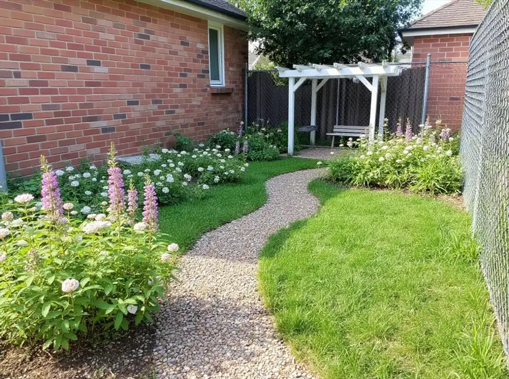 A cottage garden with a gravel path and an arbor, designed in Floura